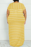Yellow Fashion Casual Plus Size Striped Print Basic O Neck Short Sleeve Dress