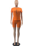 Purple Orange Fashion Casual Print Basic O Neck Short Sleeve Two Pieces