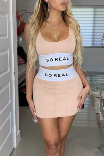 Pink Sexy Print Patchwork U Neck Two Pieces