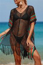 Black Fashion Sexy Patchwork Kwastje Uitgeholde doorschijnende Swimwears Cover Up