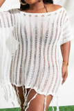 White Fashion Sexy Solid Tassel See-through O Neck Beach Plus Size Dresses