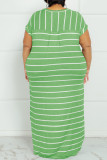 Зеленое модное повседневное платье больших размеров с полосатым принтом, базовое платье с круглым вырезом и коротким рукавом
