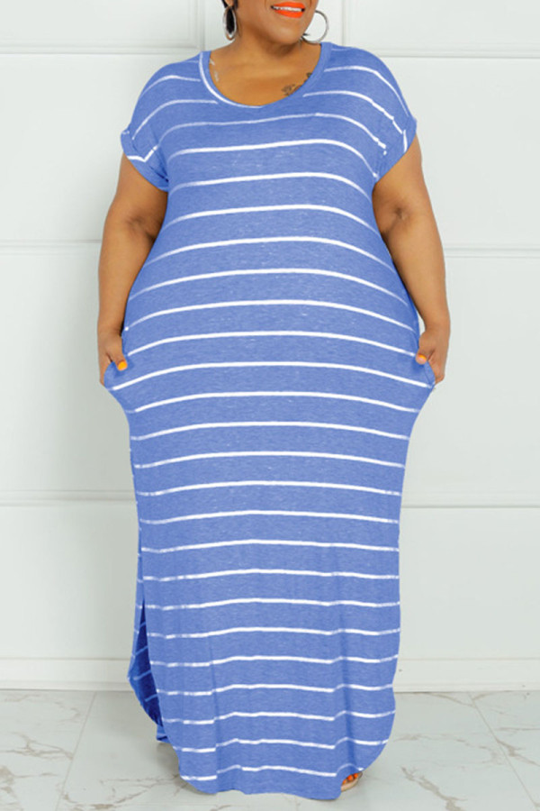 Синее модное повседневное платье больших размеров в полоску с принтом, базовое платье с круглым вырезом и коротким рукавом