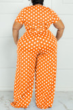 Orange Fashion Casual Dot Print Bandage O Neck Plus Size Two Pieces