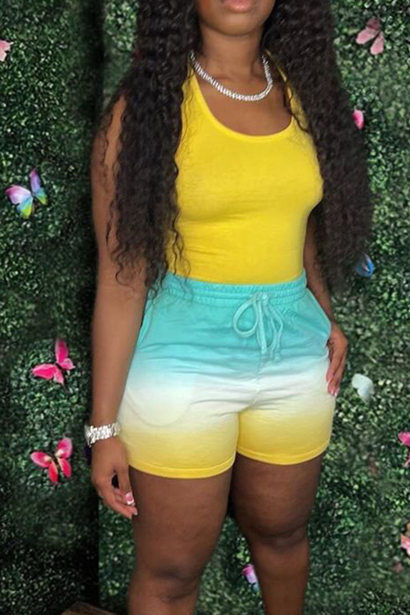 

Yellow Casual Gradual Change Print Split Joint U Neck Sleeveless Two Pieces