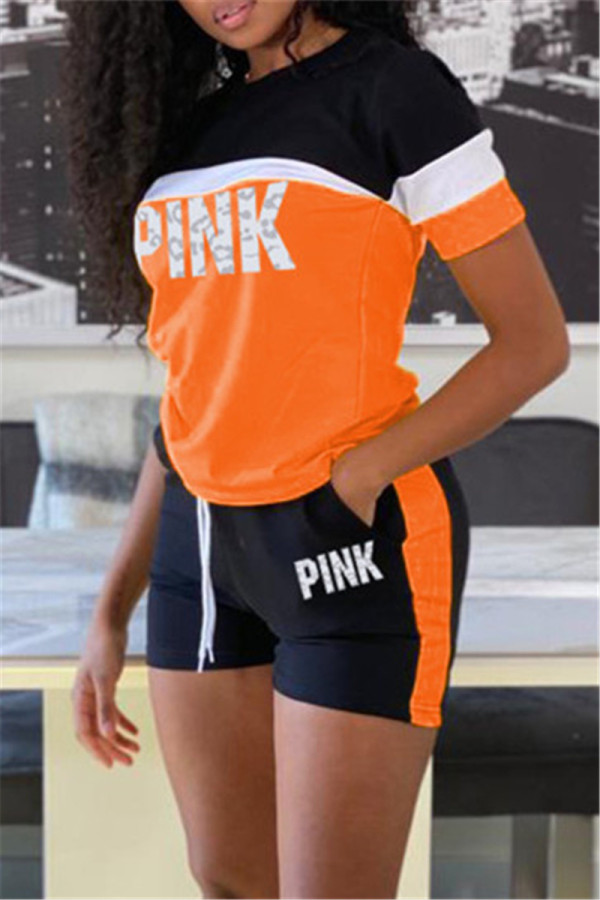 オレンジファッションカジュアルレタープリントパッチワークOネック半袖ツーピース