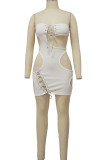 White Sexy Solid Bandage Hollowed Out Patchwork Strapless Dresses