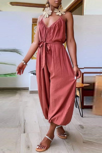 Pink Casual Solid Split Joint Spaghetti Strap Harlan Jumpsuits