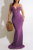 Vestido largo correa de espagueti sin espalda ahuecado sólido de talla grande sexy de moda púrpura