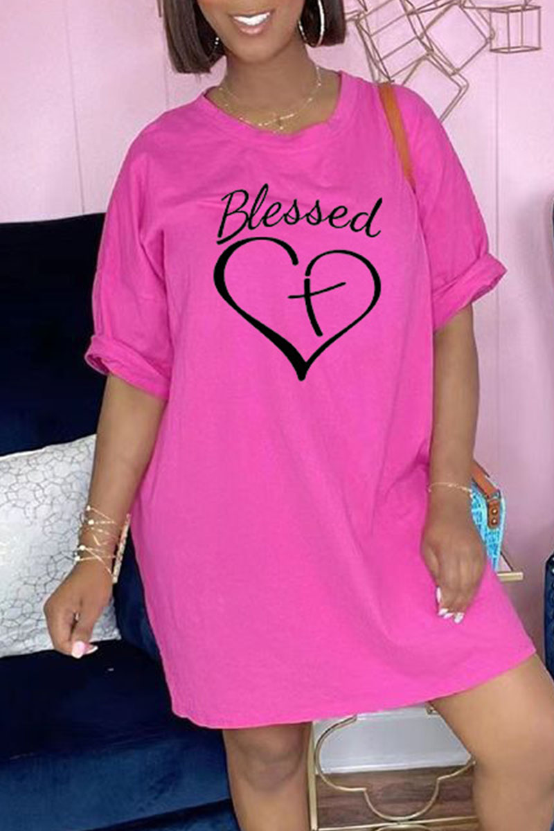 

Pink Casual Print Split Joint O Neck T-shirt Dress Dresses