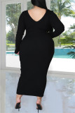 ブラックファッションカジュアルソリッドベーシックVネック長袖プラスサイズのドレス