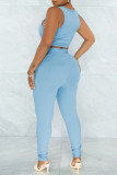 Light Blue Fashion Casual Sportswear Solid Vests Pants O Neck Sleeveless Two Pieces
