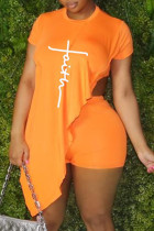 Оранжево-белый модный повседневный принт с асимметричным круглым вырезом и коротким рукавом из двух частей