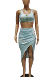 Light Blue Casual Striped Print Patchwork Slit Spaghetti Strap Sleeveless Two Pieces