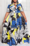 Blau Schwarz Mode Casual Plus Size Print Basic Hemdkleid mit Umlegekragen
