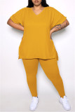 オレンジファッションカジュアルソリッドスリットVネックプラスサイズツーピース