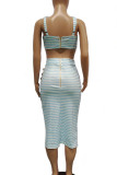 Light Blue Casual Striped Print Patchwork Slit Spaghetti Strap Sleeveless Two Pieces