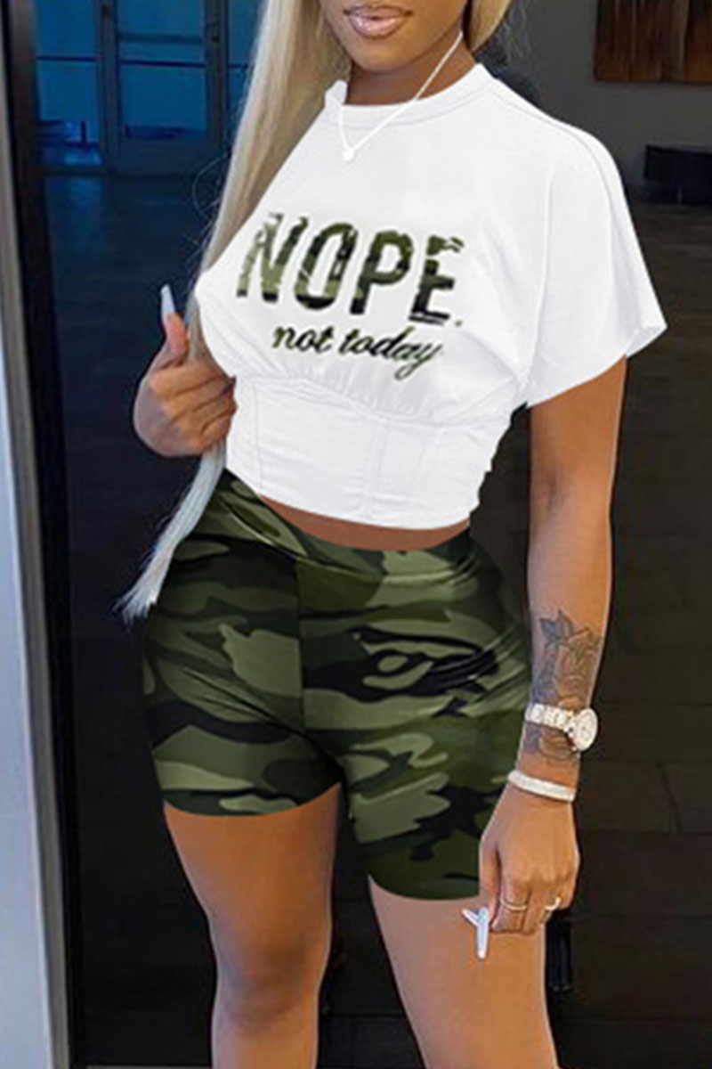 Army Green Casual Print Patchwork O Neck Short Sleeve Two Pieces