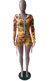 Yellow Sexy Print Patchwork Hooded Collar Long Sleeve Two Pieces