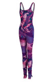 Blue Sexy Casual Print Patchwork Backless U Neck Skinny Jumpsuits