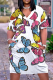 Pink Plus Size Fashion Butterfly Print Pocket V Neck Straight Dresses