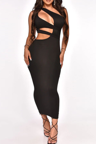 Black Sexy Solid Hollowed Out One Shoulder Pencil Skirt Dresses