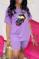 Purple Fashion Lips Printed Patchwork O Neck Short Sleeve Two Pieces