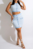 Light Blue Sexy Print Buckle O Neck Sleeveless Two Pieces