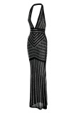 黒のファッションセクシーなパッチワークホットドリルバックレスホルターイブニングドレス