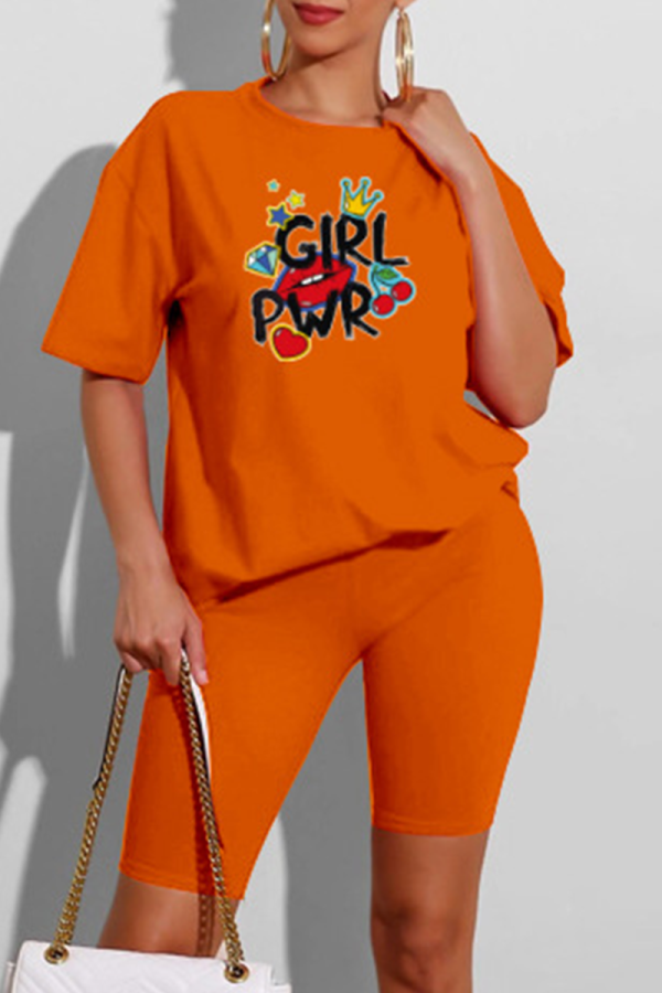 Оранжевые повседневные губы с принтом в стиле пэчворк с круглым вырезом и короткими рукавами из двух частей
