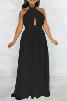 Zwarte elegante effen patchwork rugloze vouw halter rechte jurken