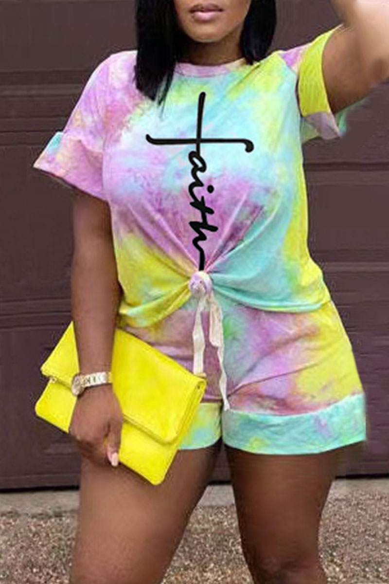 

Colour Casual Print Split Joint O Neck Short Sleeve Two Pieces