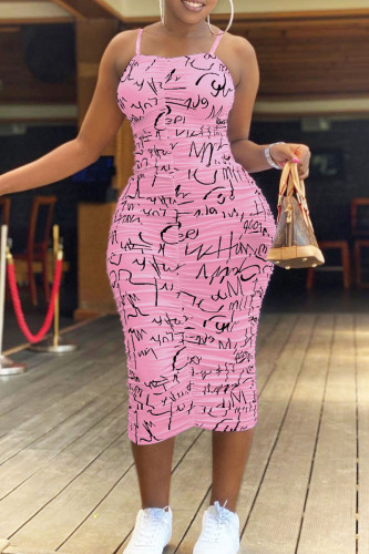 Pink Sexy Print Split Joint Spaghetti Strap Pencil Skirt Dresses