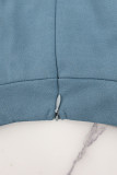 Robes élégantes solides évidées patchwork fente O cou une étape jupe bleu