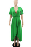 Groene casual effen patchwork asymmetrische rechte jurken met V-hals