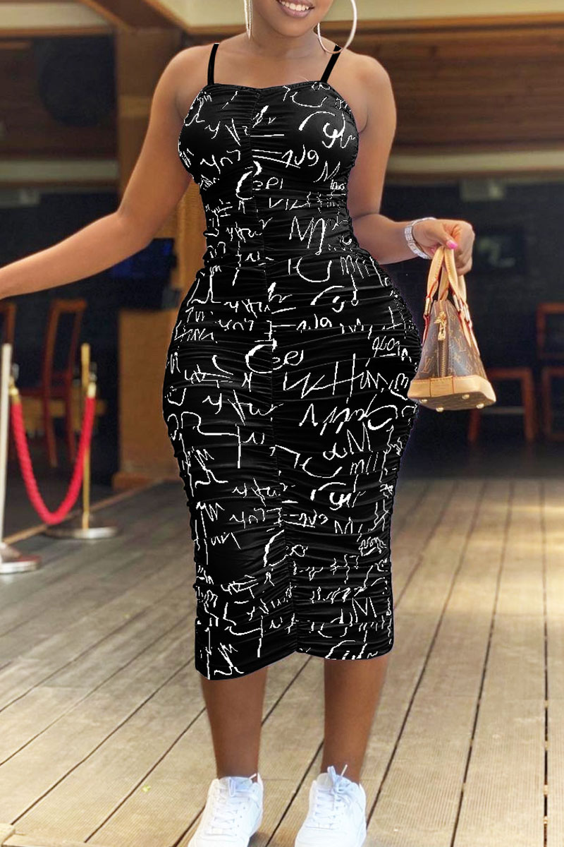 

Black Sexy Print Patchwork Spaghetti Strap Pencil Skirt Dresses