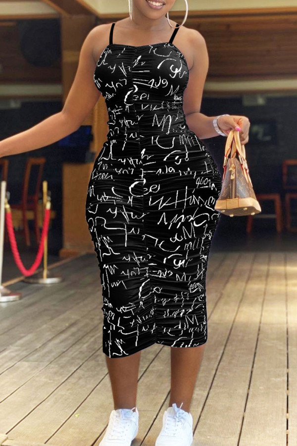 Black Sexy Print Split Joint Spaghetti Strap Pencil Skirt Dresses