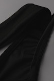 Zwarte Sexy Effen Patchwork Volant Asymmetrische Kraagjurken