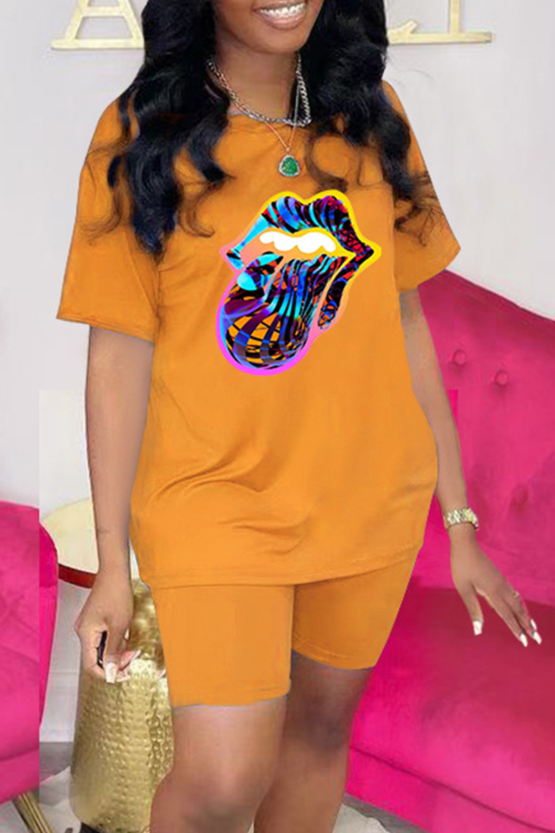 

Orange Fashion Lips Printed Split Joint O Neck Short Sleeve Two Pieces