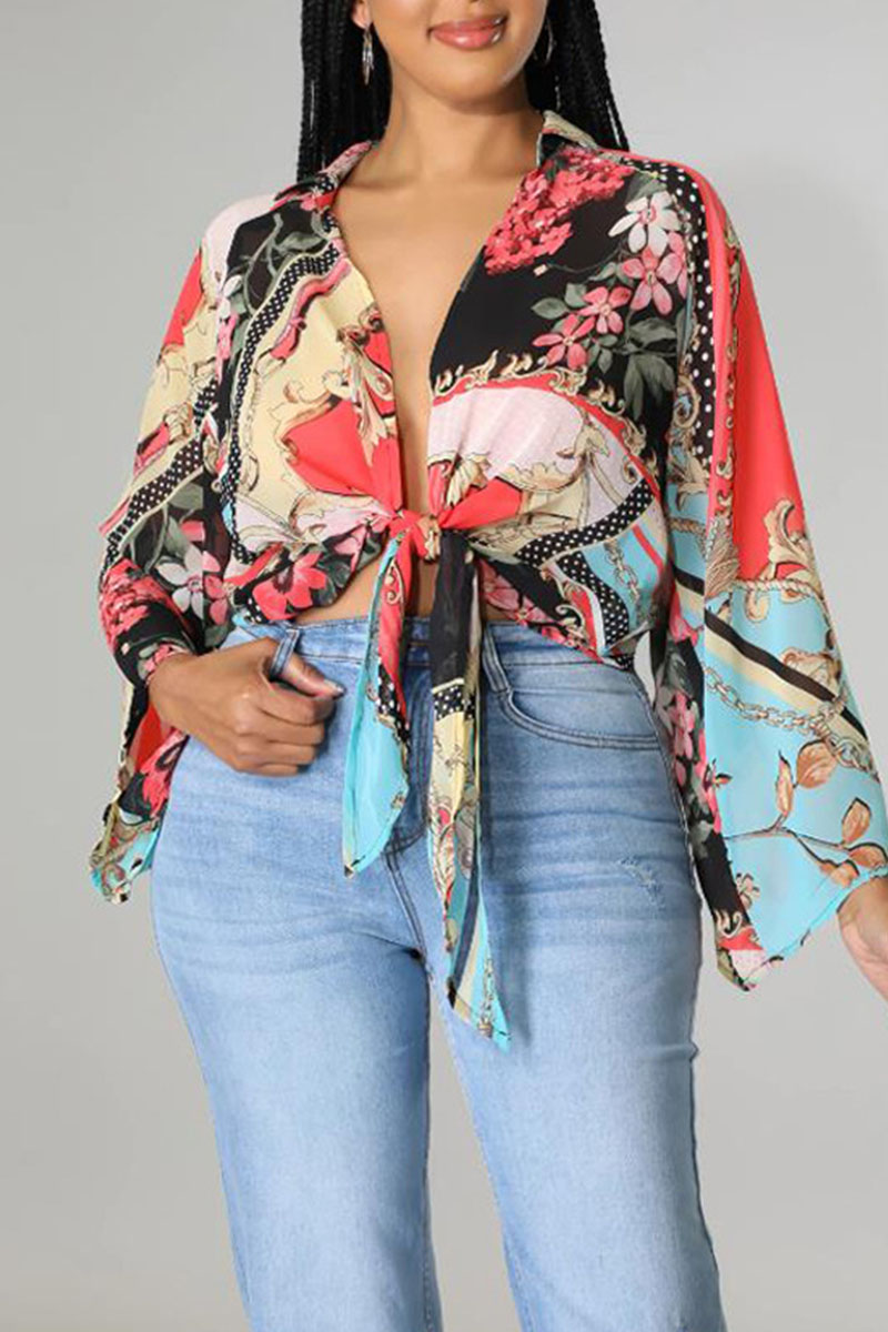 

Colour Casual Print Bandage Split Joint V Neck Tops