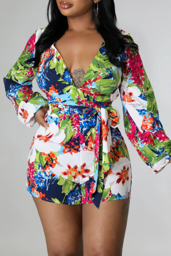Green Simplicity Print Patchwork V Neck Straight Rompers