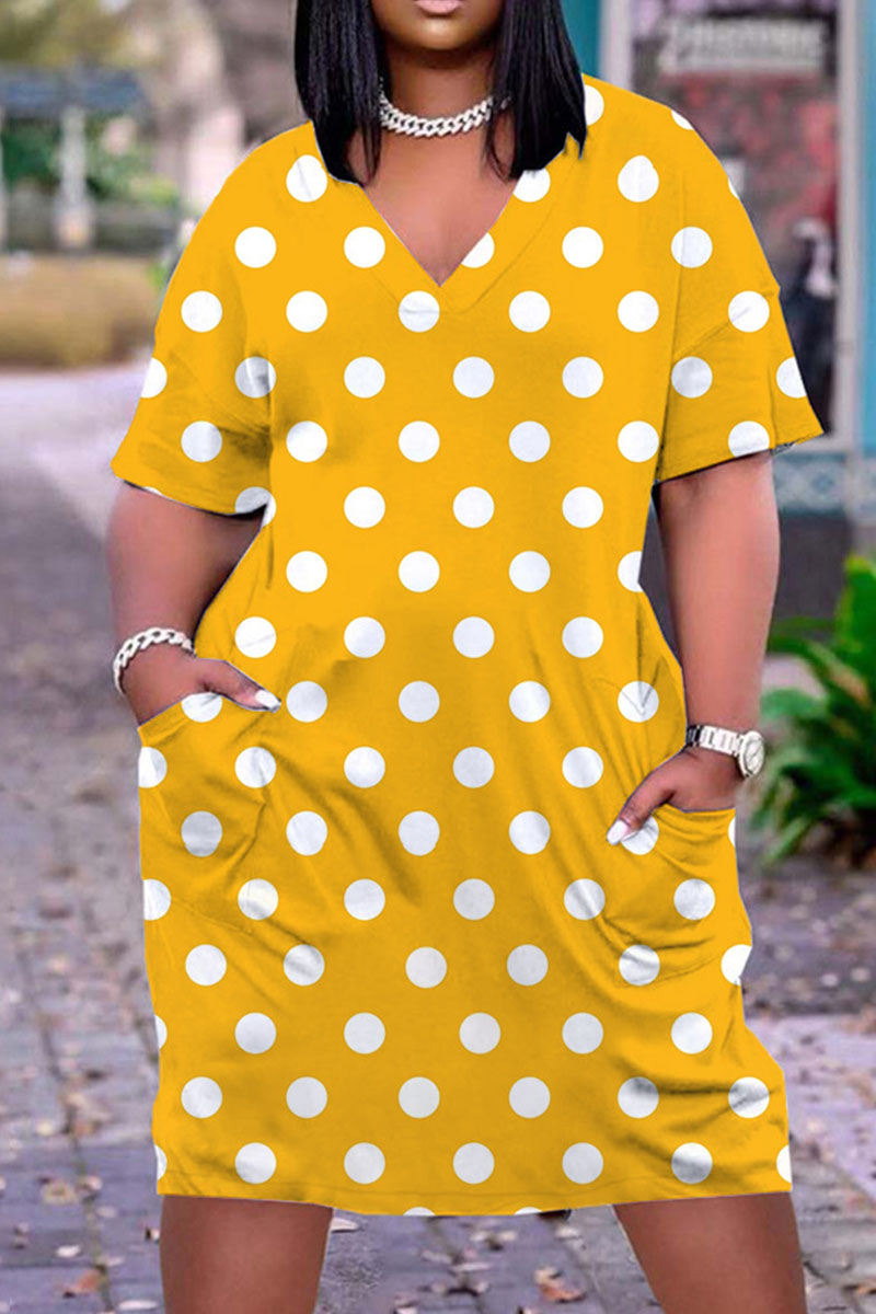 

Yellow Casual Print Split Joint V Neck T-shirt Dress Dresses