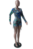 Cyan Sexy Print Patchwork Hooded Collar Long Sleeve Two Pieces