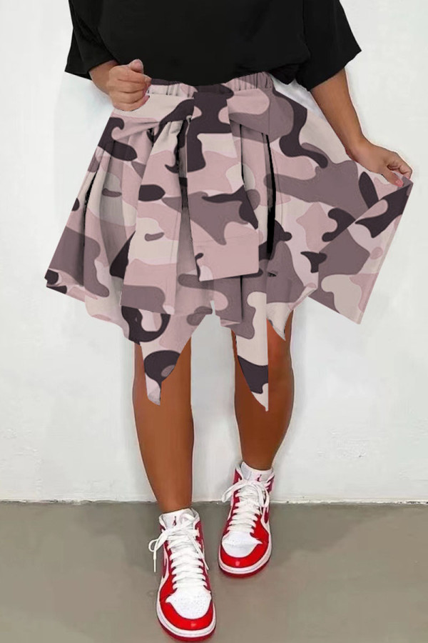 Roze Casual Street Print Camouflage Print Asymmetrische Hoge Taille Type A Full Print Bottoms