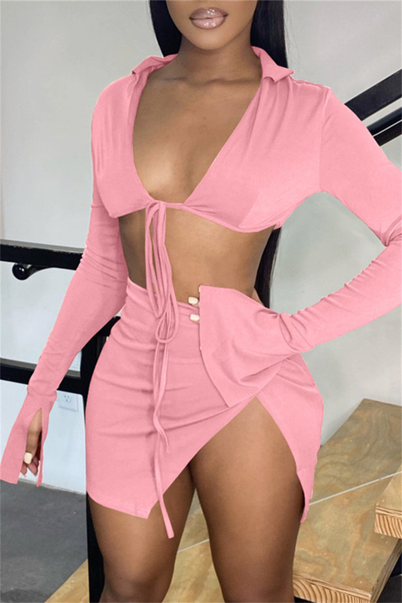 

Pink Fashion Sexy Solid Bandage Slit V Neck Long Sleeve Two Pieces
