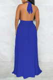 Blauwe elegante effen patchwork rugloze vouw halter rechte jurken