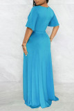 Blauwe casual effen patchwork asymmetrische rechte jurken met V-hals