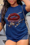 Marineblaue Mode-Straßen-Lippen bedruckte T-Shirts mit Patchwork-Buchstabe O Hals