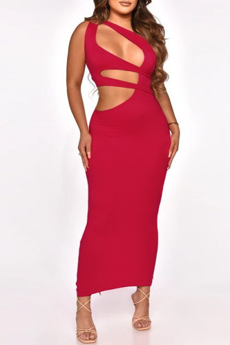 Pink Sexy Solid Hollowed Out One Shoulder Pencil Skirt Dresses