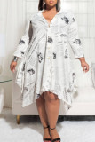 White Casual Print Patchwork Buckle Asymmetrical Turndown Collar A Line Plus Size Dresses